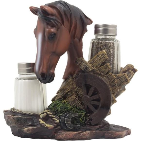 Chestnut Stallion Glass Salt&Pepper Shaker Set with Decorative Brown HorseStatue - Picture 1 of 4
